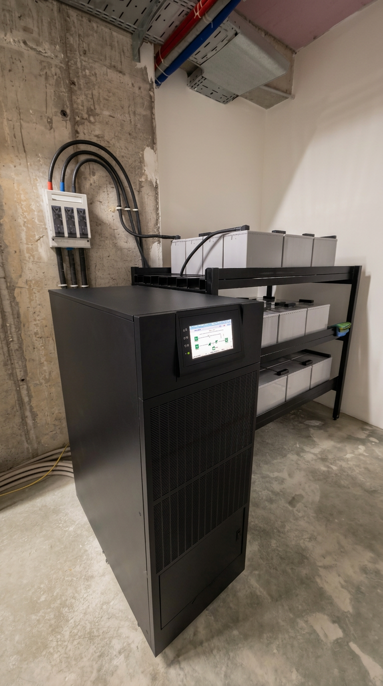 200 kW central UPS cabinet with touch display, beside a three-tier rack of lead-acid batteries and a wall-mounted DC disconnect