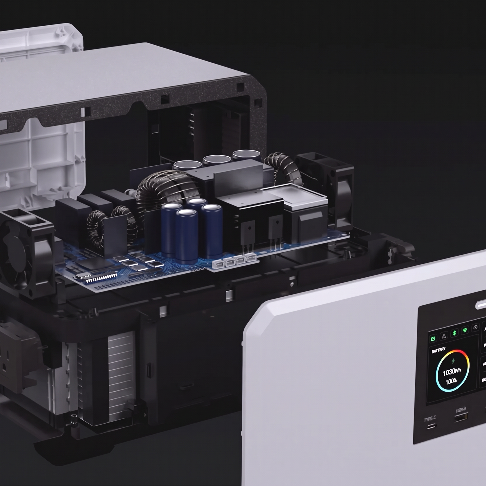 Pamje e brendshme e aparatit: pllaka elektronike, invertori dhe ventilatorët.