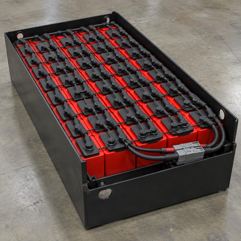 Unbranded forklift traction battery tray with tubular lead acid cells